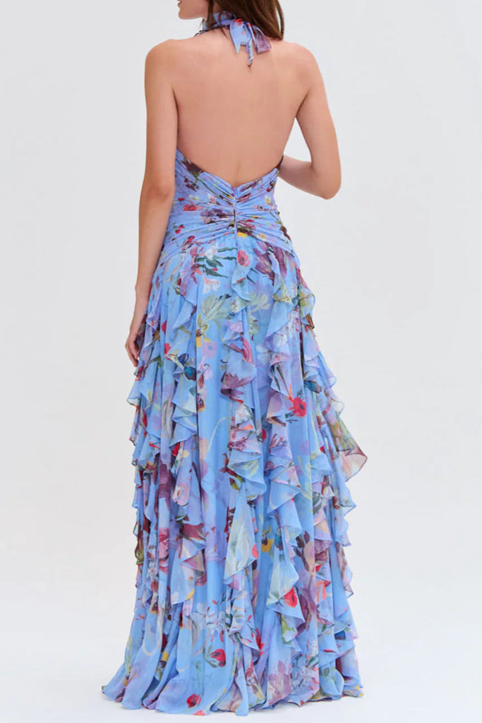 Shop  blue dress - Perfect for special occasions | Floral Halter Ruffle Tulle Maxi Dress in Blue