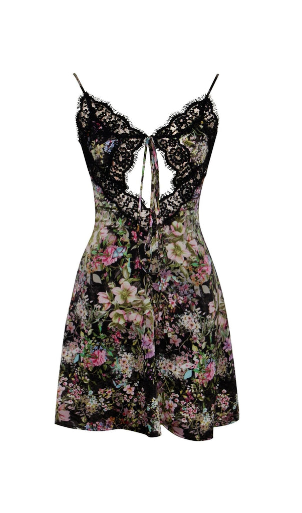 Shop  beautiful dress - Perfect for special occasions | FLORAL PRINT SATIN MINI DRESS WITH LACE TRIM