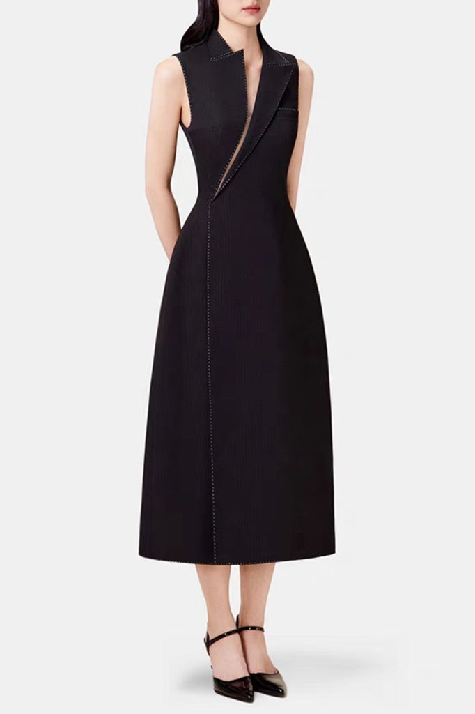 Stylish black dress | Asymmetric Collar Sleeveless Midi Dress - Black - Ideal for special occasions