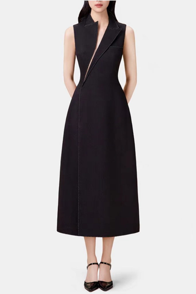 Shop  black dress - Perfect for special occasions | Asymmetric Collar Sleeveless Midi Dress - Black