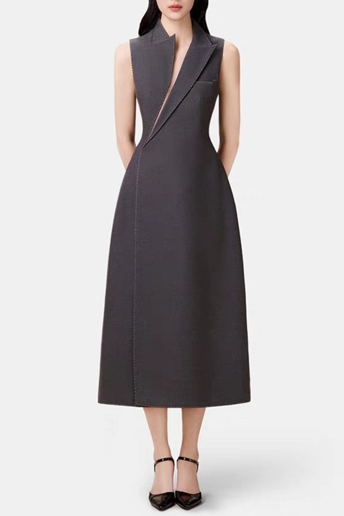 Shop  beautiful dress - Perfect for special occasions | Asymmetric Collar Sleeveless Midi Dress - Grey