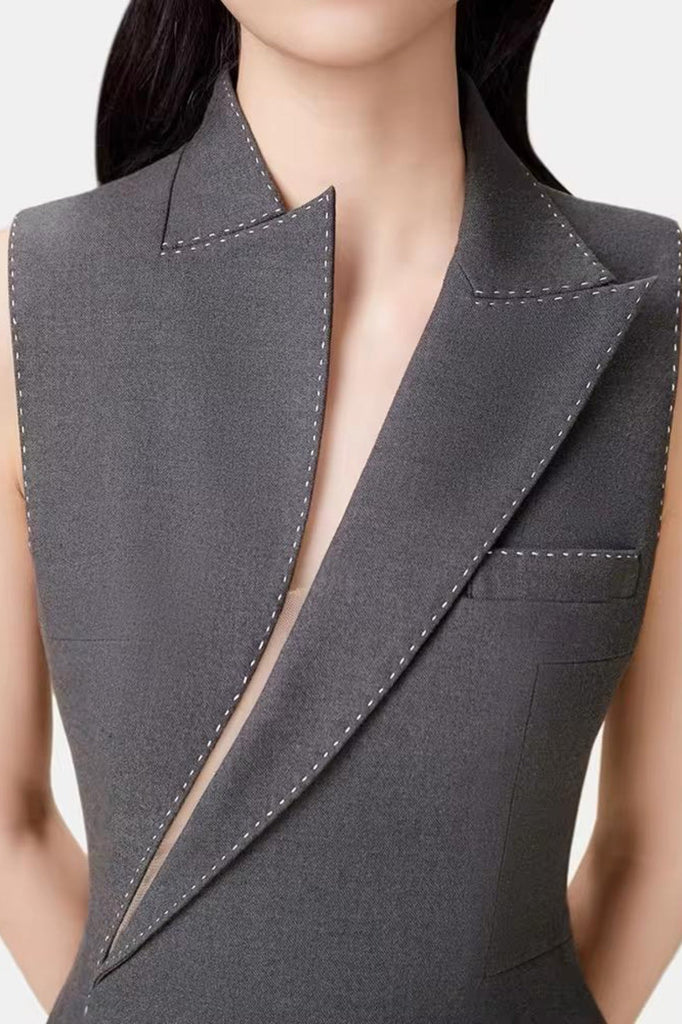 Stylish beautiful dress | Asymmetric Collar Sleeveless Midi Dress - Grey - Ideal for special occasions