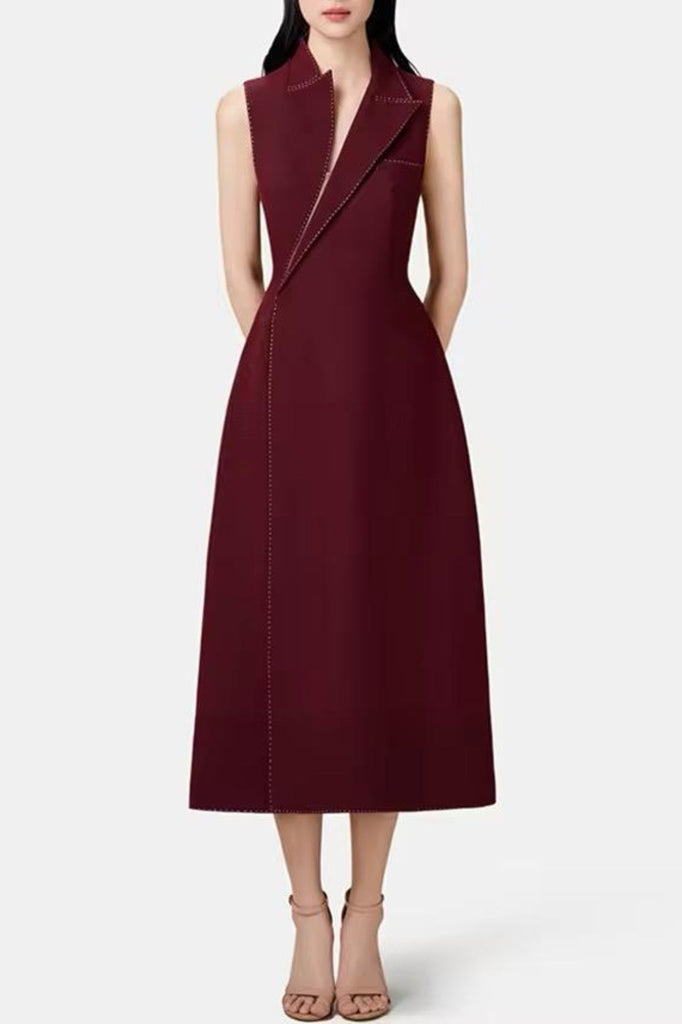 Asymmetric Collar Sleeveless Midi Dress - Wine - Stylish beautiful dress for special occasions | Buy Online