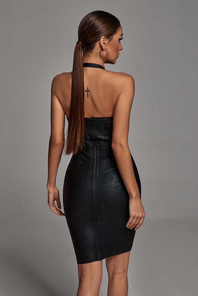 Nora Black Metallic Halter Mini Bandage Dress - Stylish black dress for special occasions | Buy Online