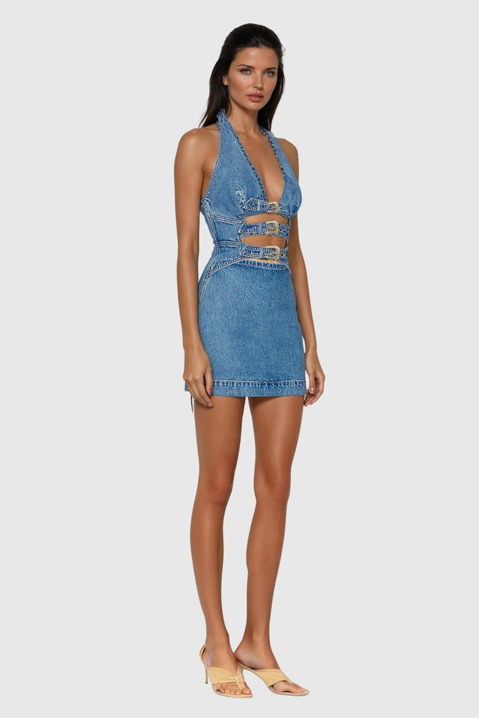 Shop  beautiful dress - Perfect for special occasions | Wace Halter Neck Cutout Buckle Denim Mini Dress