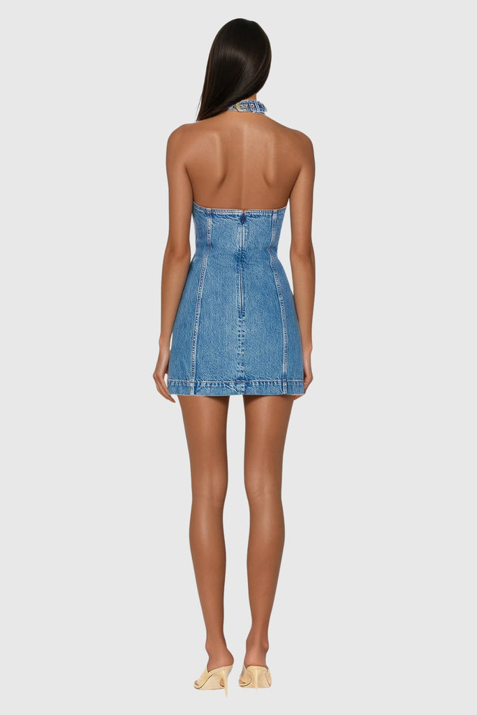 Stylish beautiful dress | Wace Halter Neck Cutout Buckle Denim Mini Dress - Ideal for special occasions