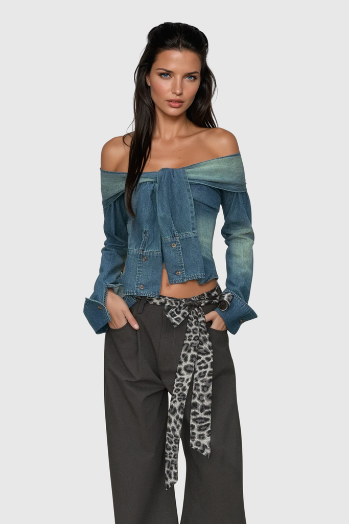 Wafi Off Shoulder Tie Up Denim Top - Stylish beautiful dress for special occasions | Buy Online