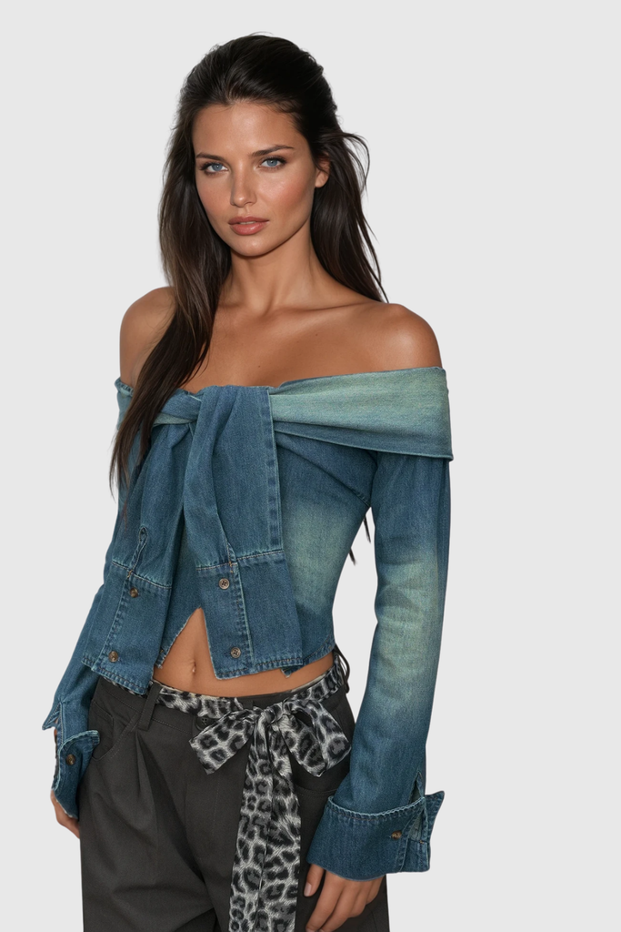 Shop  beautiful dress - Perfect for special occasions | Wafi Off Shoulder Tie Up Denim Top