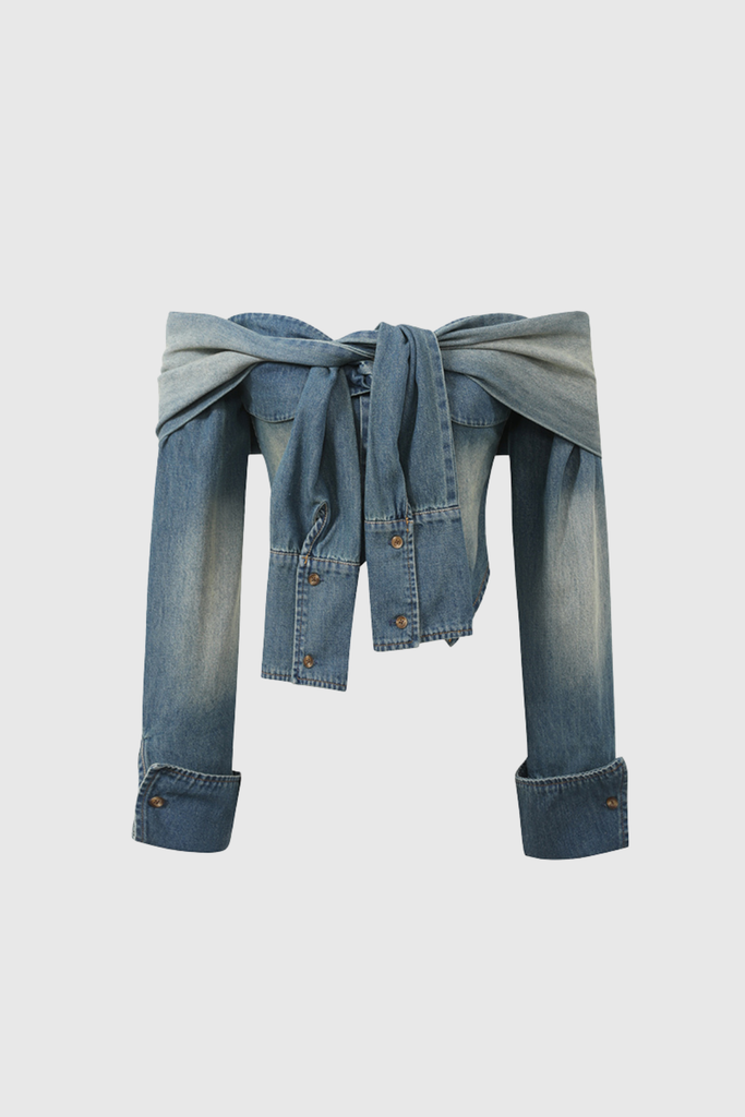 Wafi Off Shoulder Tie Up Denim Top - Stylish beautiful dress for special occasions | Buy Online