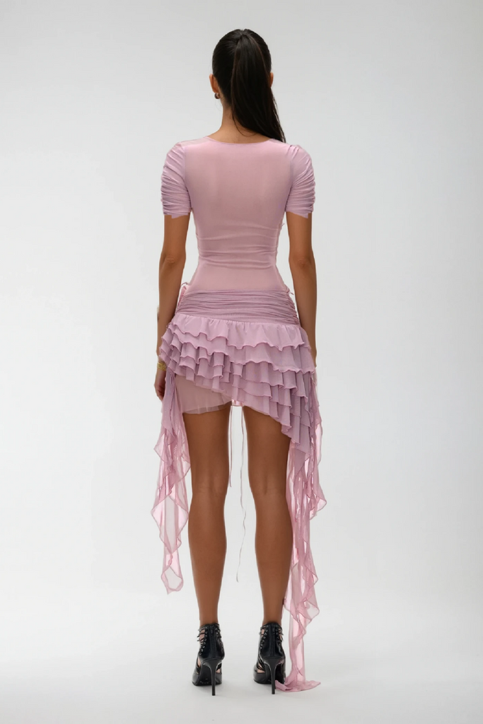 Stylish beautiful dress | Waldek Lace Up Plunge Asymmetric Ruffle Mini Dress - Ideal for special occasions