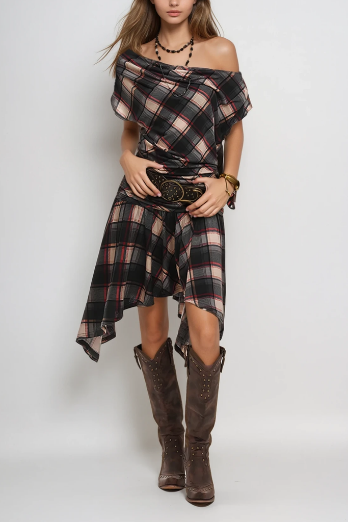 Waldo Grid One Shoulder Asymmetric Midi Dress - Stylish beautiful dress for special occasions | Buy Online