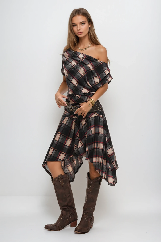 Stylish beautiful dress | Waldo Grid One Shoulder Asymmetric Midi Dress - Ideal for special occasions