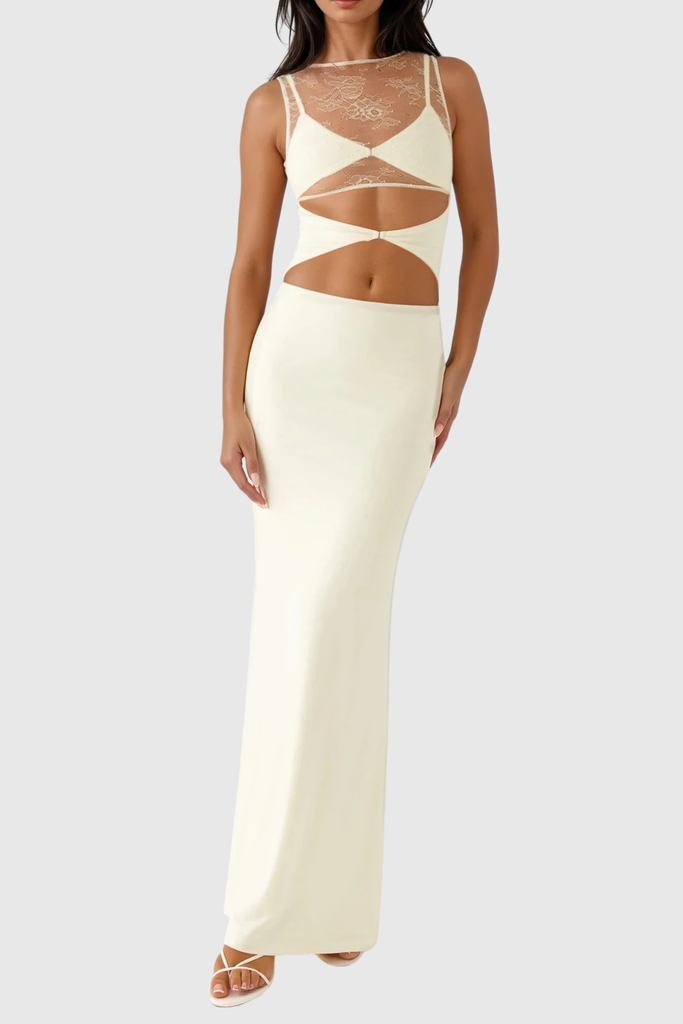 Stylish white dress | Waman Cutout Lace Deconstruct Maxi Dress In White - Ideal for special occasions