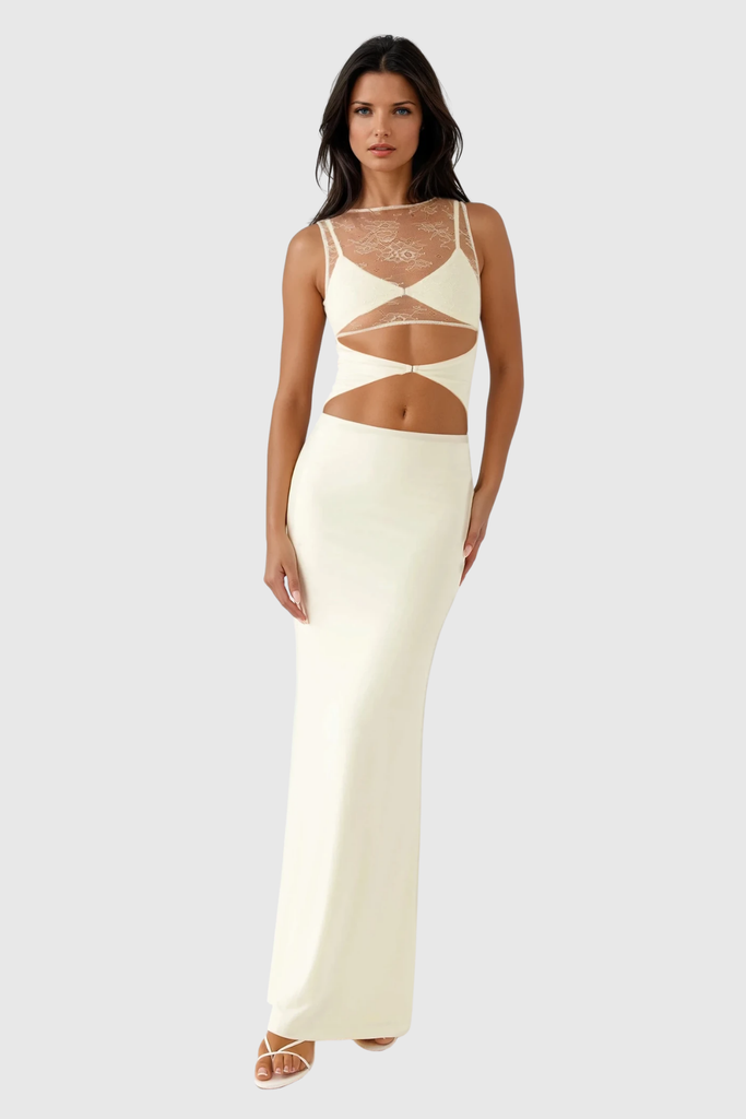 Waman Cutout Lace Deconstruct Maxi Dress In White - Stylish white dress for special occasions | Buy Online