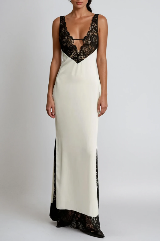 Wangui Plunge Lace Deconstruct Maxi Dress