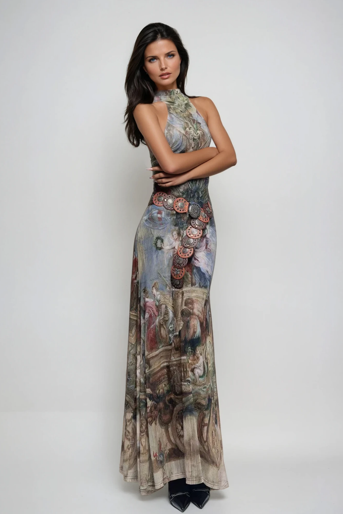 Wazo Print Halter Neck Maxi Dress - Stylish beautiful dress for special occasions | Buy Online