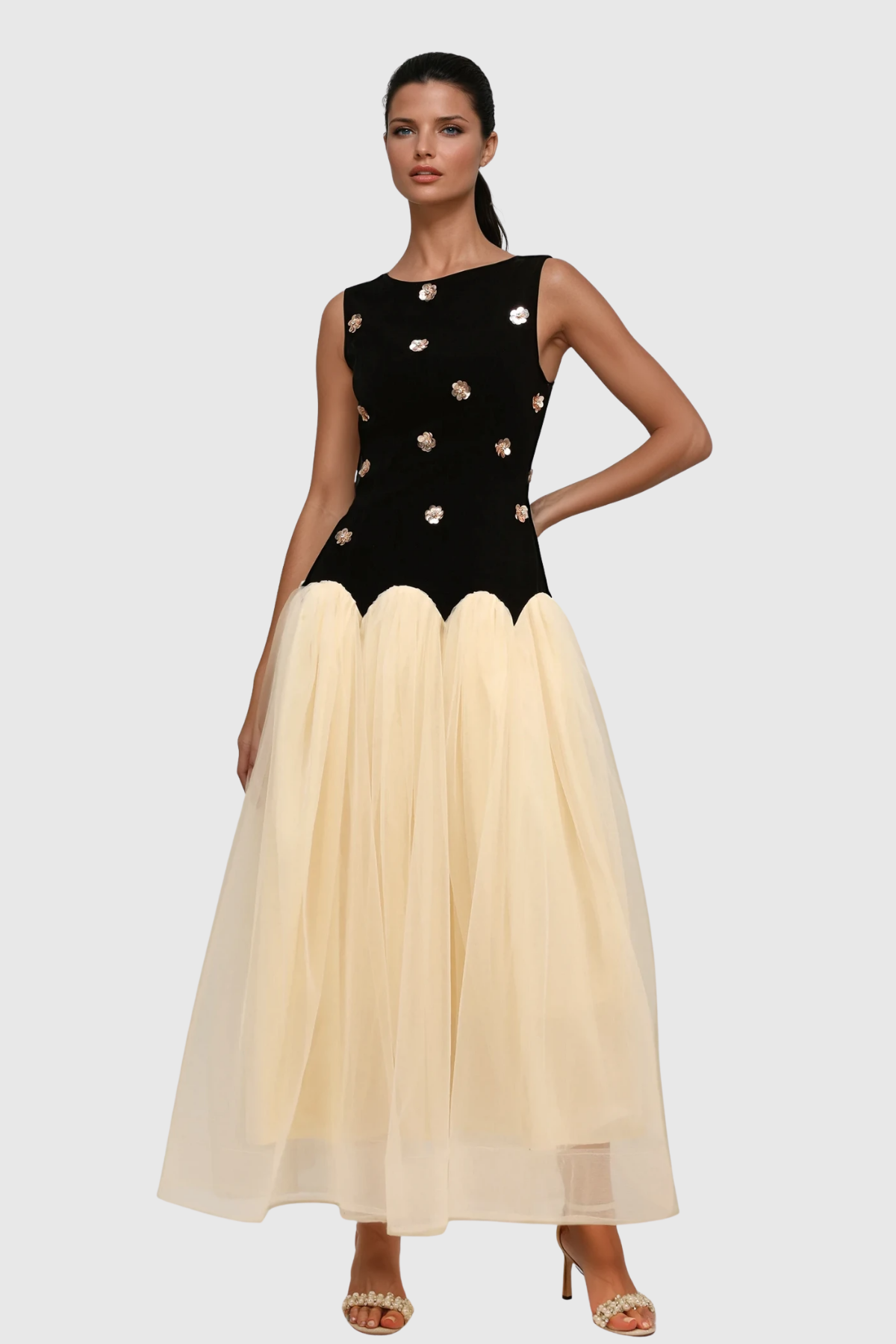 Wenke Sleeveless Flower Mesh Maxi Dress