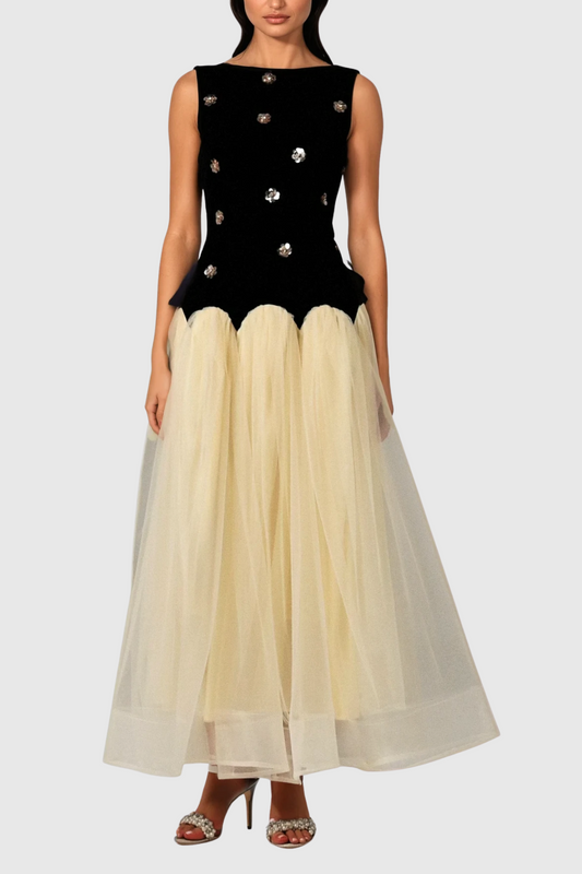 Wenke Sleeveless Flower Mesh Maxi Dress