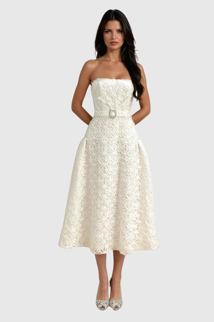 Wera Lace Flower Strapless Midi Dress - Stylish beautiful dress for special occasions | Buy Online