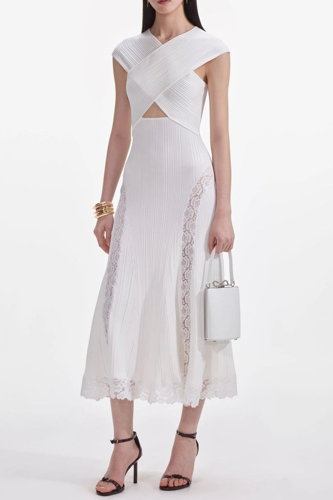 Stylish white dress | White Knit Lace Insert Midi Dress - Ideal for special occasions