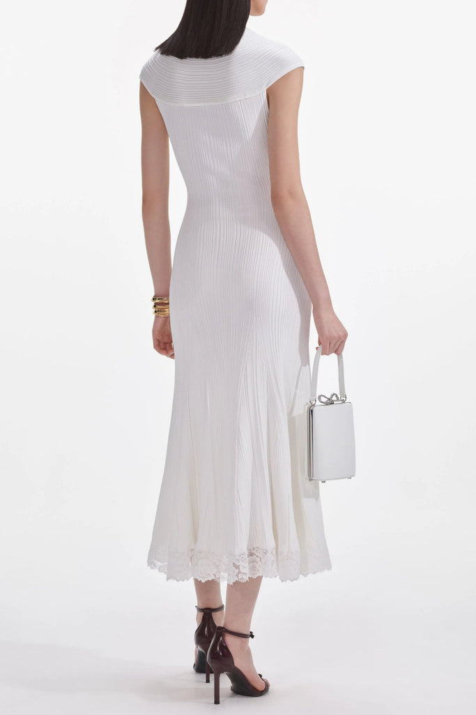 Stylish white dress | White Knit Lace Insert Midi Dress - Ideal for special occasions