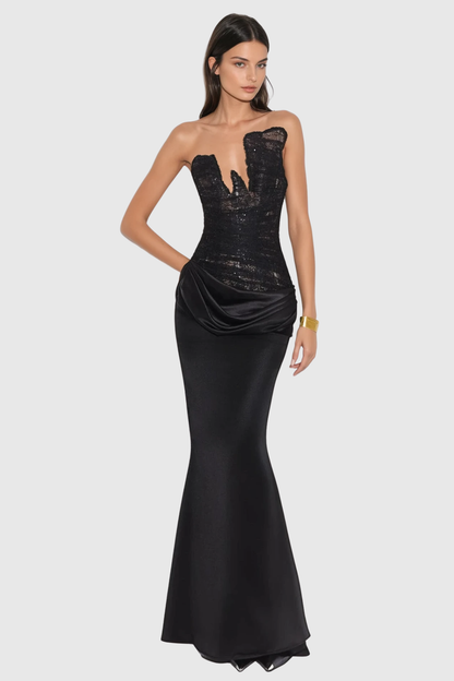 Wrena Strapless Corset Draped Maxi Dress - Black