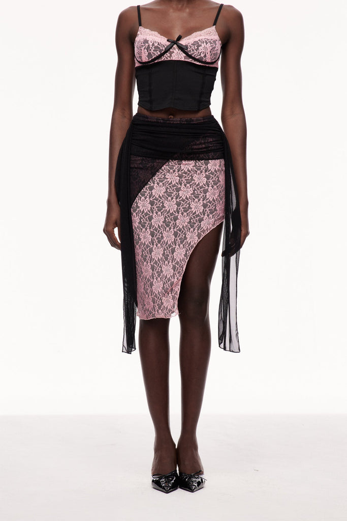 Shop  beautiful midi - Perfect for special occasions | Xolotl Lace Deconstruct Asymmetric Midi Skirt