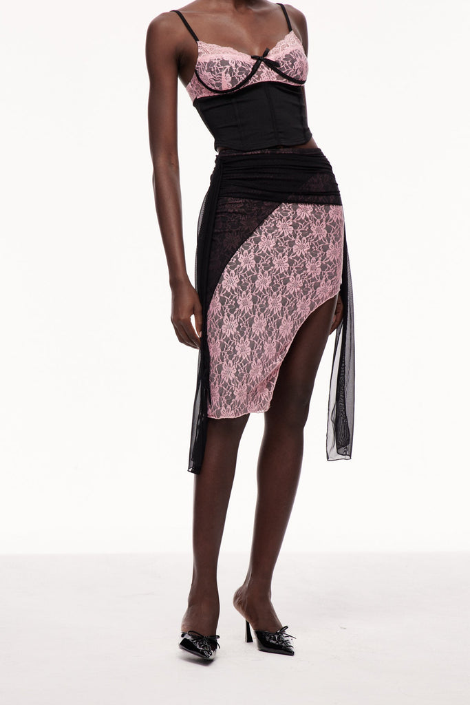 Shop  beautiful midi - Perfect for special occasions | Xolotl Lace Deconstruct Asymmetric Midi Skirt