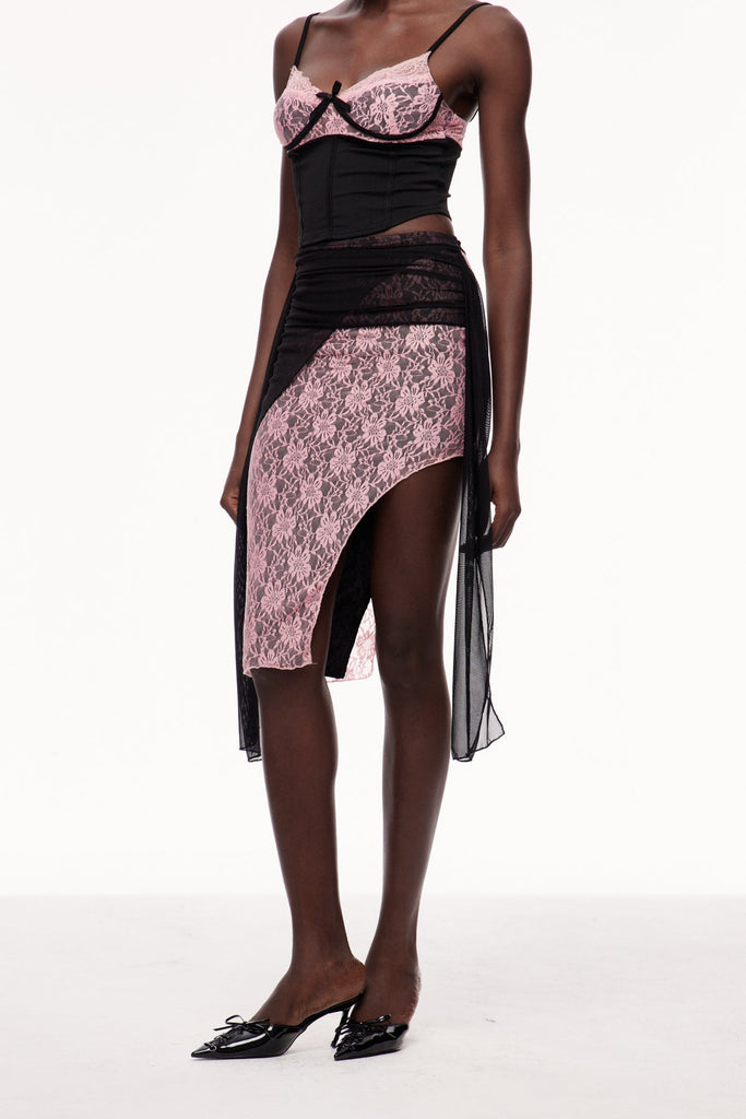 Stylish beautiful midi | Xolotl Lace Deconstruct Asymmetric Midi Skirt - Ideal for special occasions