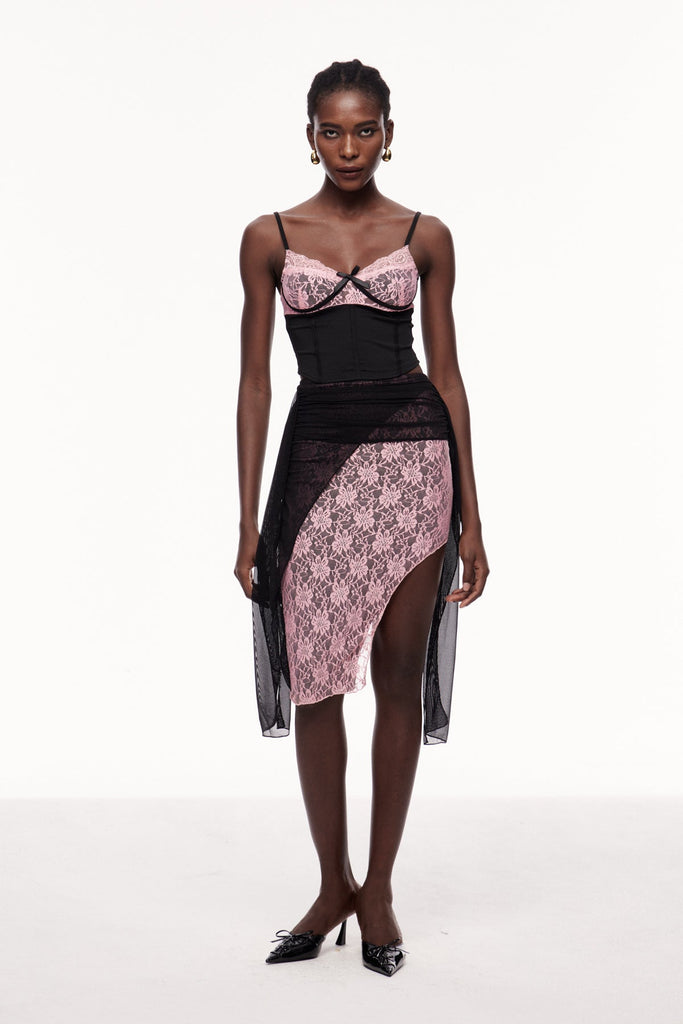 Xolotl Lace Deconstruct Asymmetric Midi Skirt - Stylish beautiful midi for special occasions | Buy Online