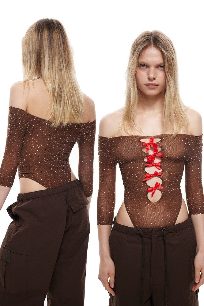 Stylish brown dress | Yara Off Shoulder Crystal Bodysuit - Brown - Ideal for special occasions
