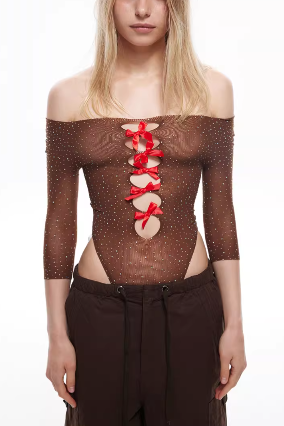 Yara Off Shoulder Crystal Bodysuit - Brown - Stylish brown dress for special occasions | Buy Online