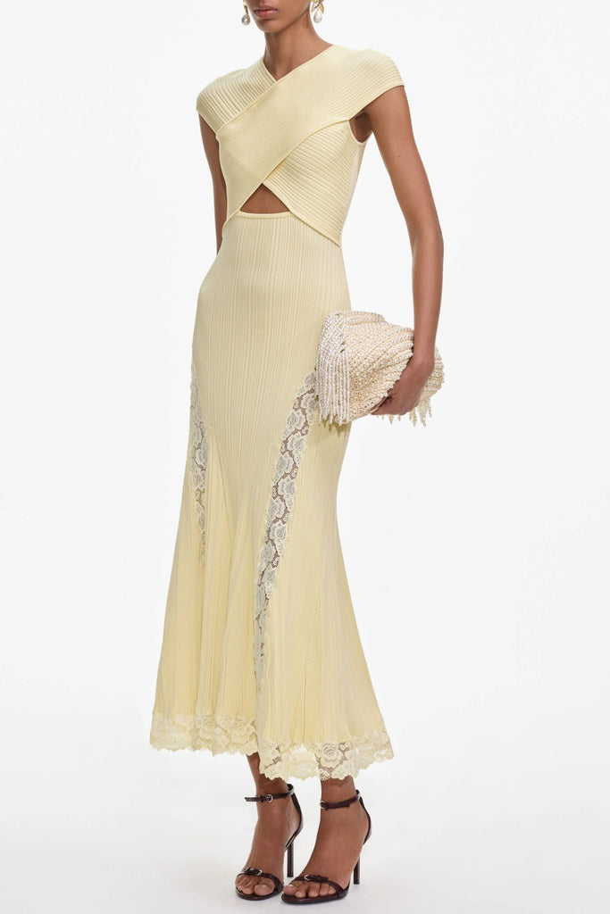 Yellow Knit Lace Insert Midi Dress - Stylish yellow dress for special occasions | Buy Online
