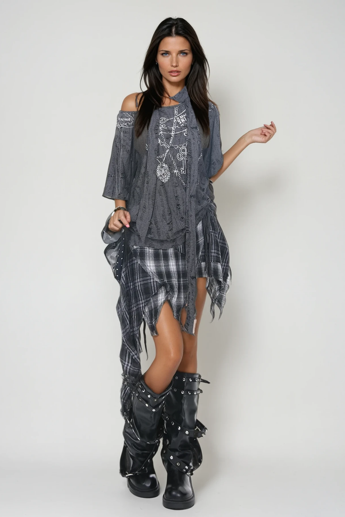 Zack Grid Asymmetric Skirt - Stylish beautiful dress for special occasions | Buy Online