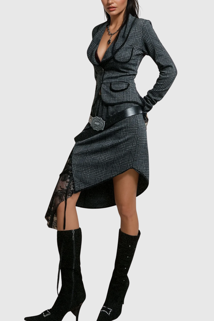 Stylish beautiful dress | Zafar Grid Lace Backless Lapel Skirt Set - Ideal for special occasions