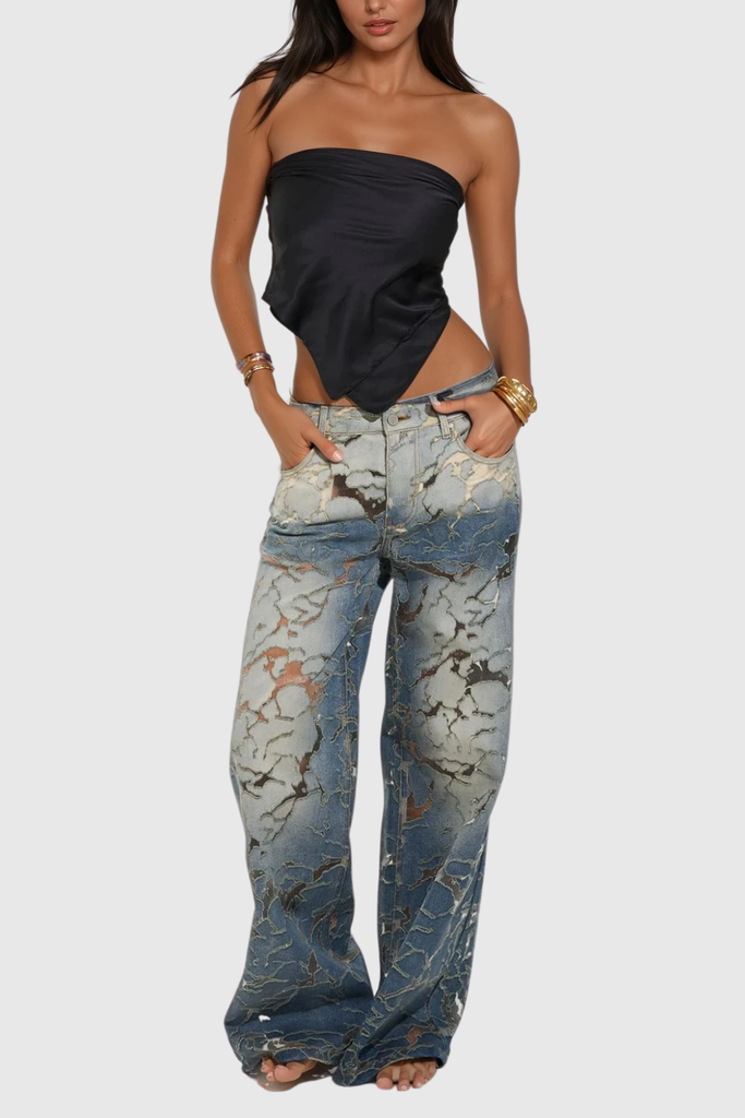 Zaida Deconstructed Cutout Jeans - Stylish beautiful dress for special occasions | Buy Online