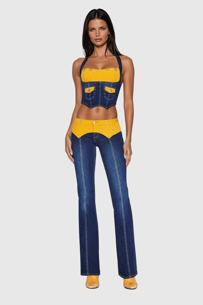 Stylish beautiful dress | Zaki Halter Neck Deconstruct Denim Pants Set - Ideal for special occasions