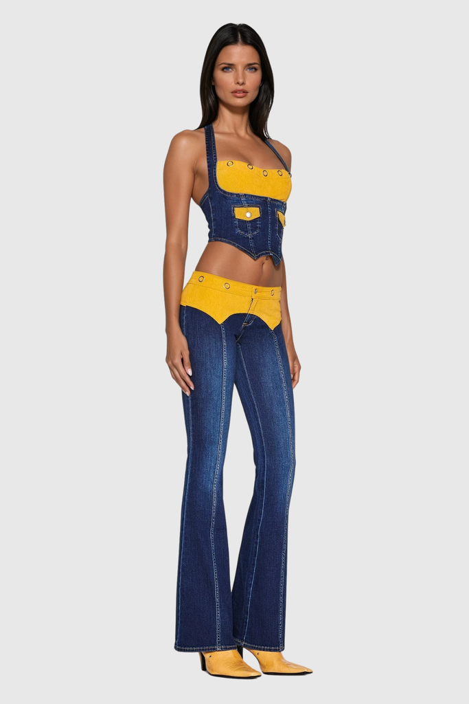 Stylish beautiful dress | Zaki Halter Neck Deconstruct Denim Pants Set - Ideal for special occasions