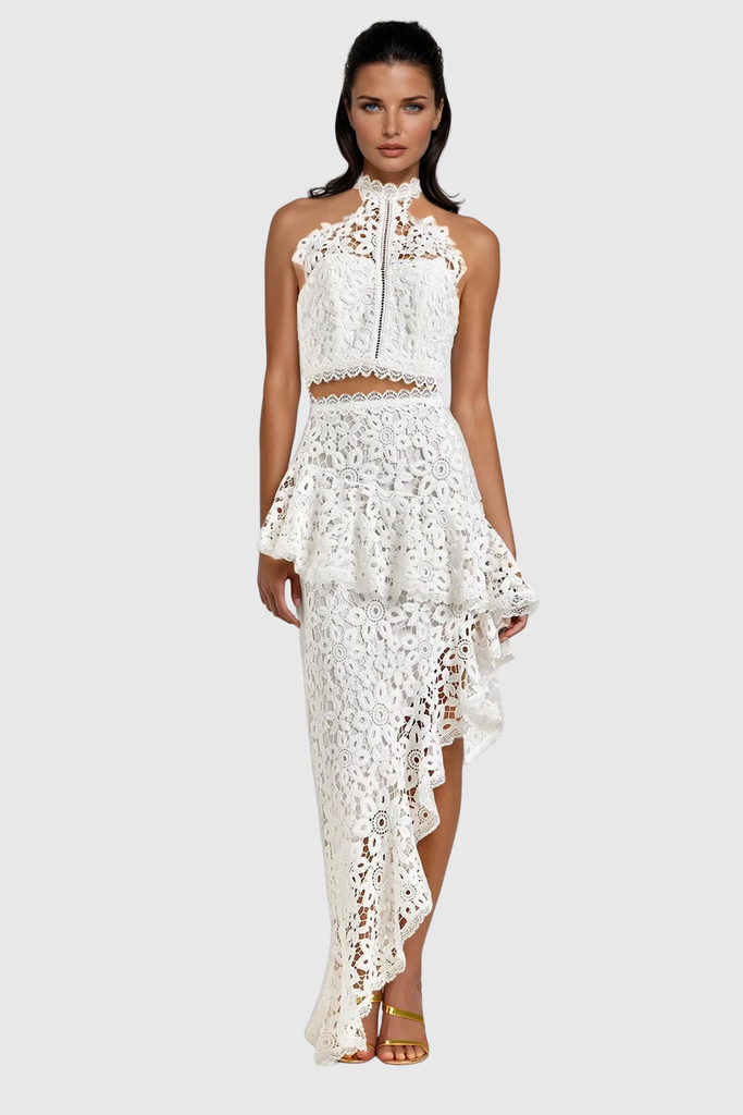 Stylish beautiful maxi | Zan Halter Neck Asymmetric Lace Maxi Skirt Set - Ideal for special occasions