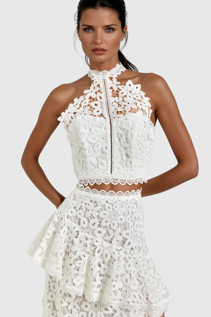 Shop  beautiful maxi - Perfect for special occasions | Zan Halter Neck Asymmetric Lace Maxi Skirt Set