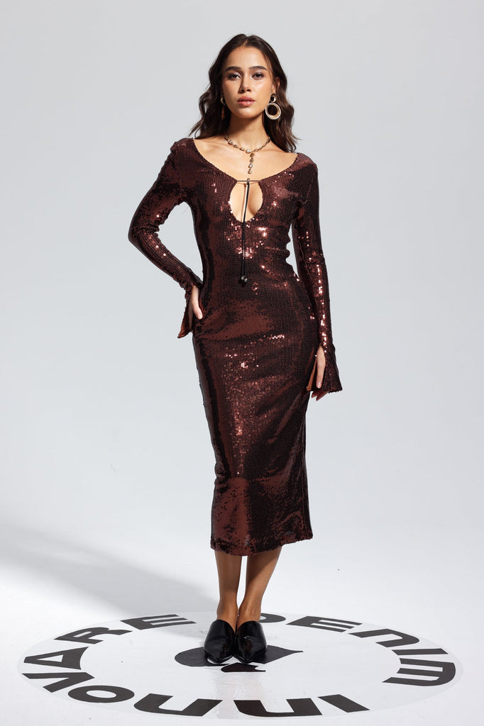 Shop  brown dress - Perfect for special occasions | Aoibhe Sequin Midi Dress In Brown
