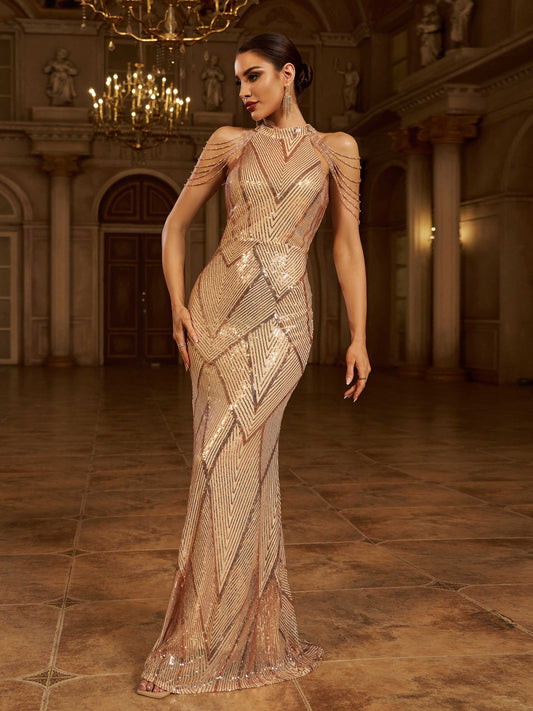 Geometric Sequin Chain Mermaid Prom Dress