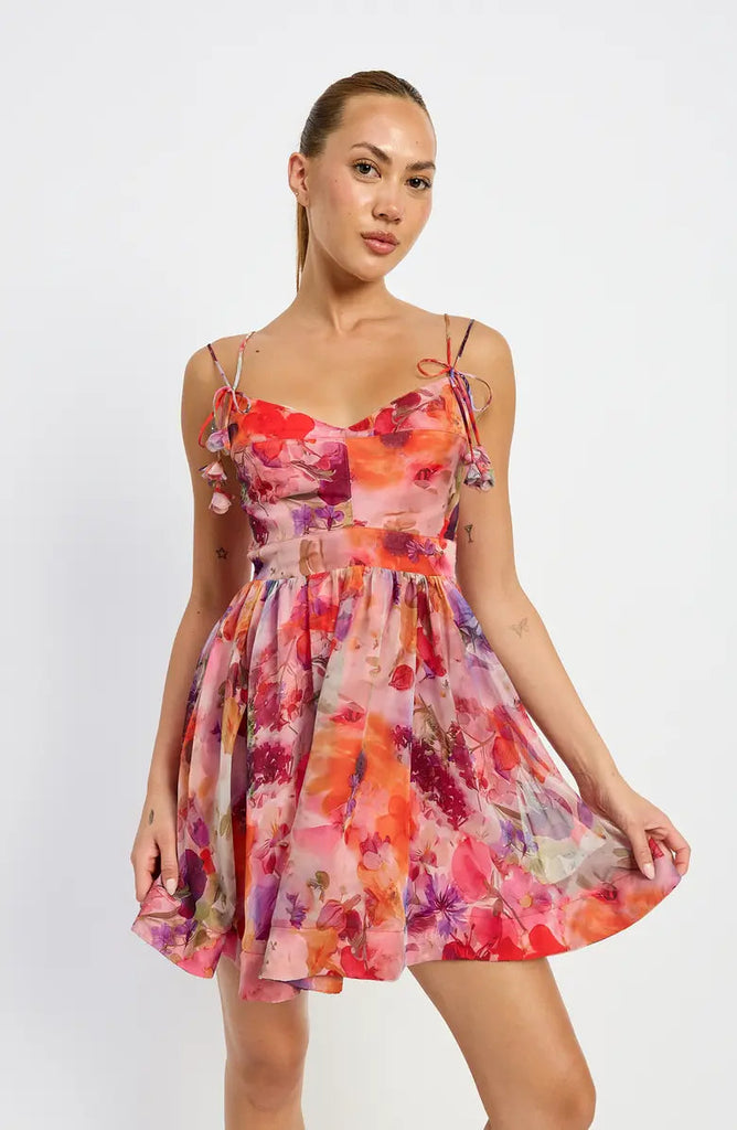 Stylish red dress | Red Multi Floral Tie Strap Mini Dress - Ideal for special occasions