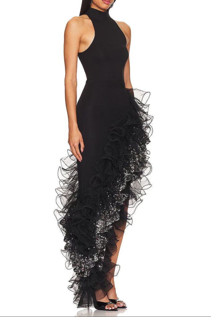 Shop  black dress - Perfect for special occasions | gwendolyn halter sleeveless Sequin Ruffle trim maxi dress in black