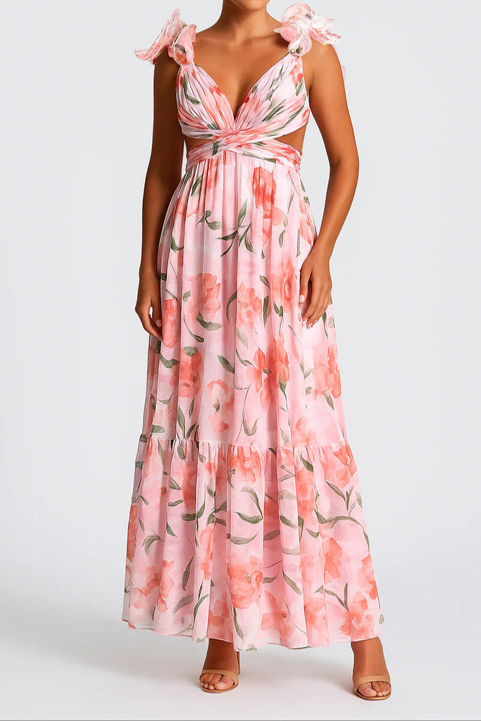Floral Print Ruffled Backless Maxi Dress in Pink - Stylish pink dress for special occasions | Buy Online