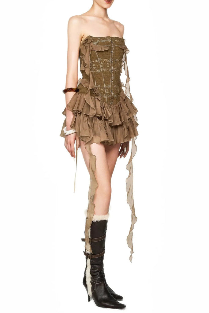 Shop  brown dress - Perfect for special occasions | sherry ruffle trim fish bones mini dress in brown