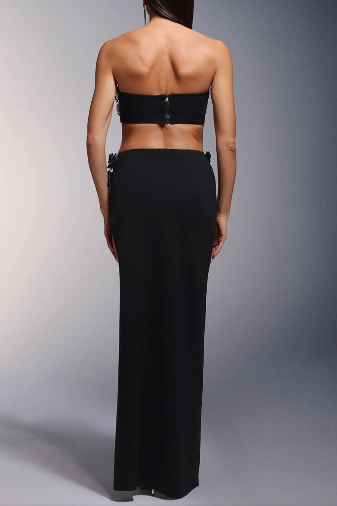 Stylish black maxi | black High Slit Tassels 3d Flowers Strapless Maxi Set - Ideal for special occasions