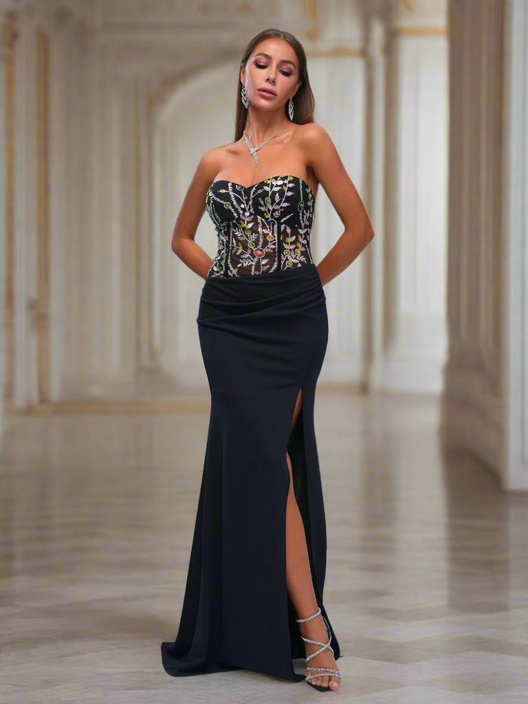 Floral Sequin Tube Top Panel Split Dress - Stylish beautiful dress for special occasions | Buy Online