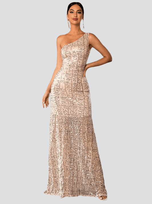 One Shoulder Sequins Maxi Prom Dress