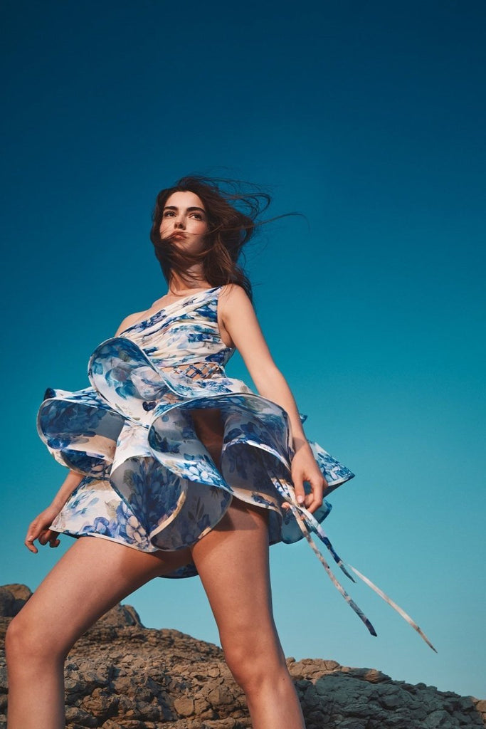 Shop  blue dress - Perfect for special occasions | GAIL BLUE FLORAL PRINTED ONE-SHOULDER MINI CHIFFON DRESS